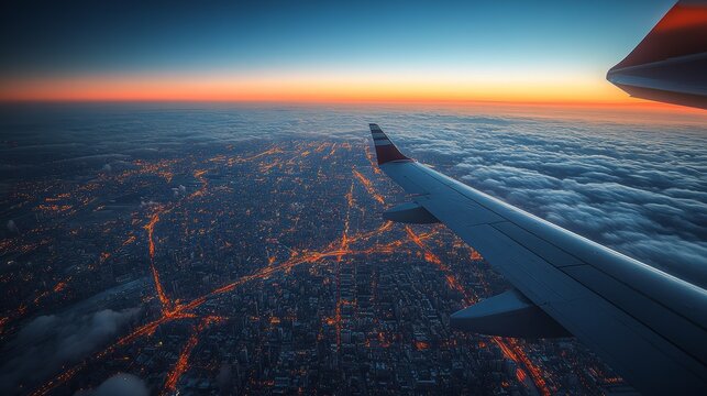 Fototapeta Aerial city lights view from airplane window at sunset.
