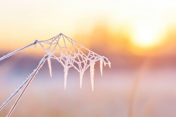 frozen cobwebs glistening in cold air illuminated by golden hues of early winter sunrise