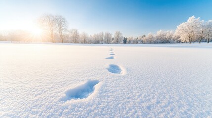 frosty footprints leading across snow-covered park with first rays of sun casting soft shadows