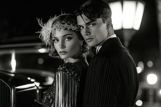 Elegant 1920s Couple in Art Deco Style with Vintage Car under Streetlight at Night