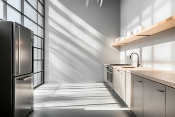 modern kitchen interior with sleek appliances and minimalist design featuring ample counter space