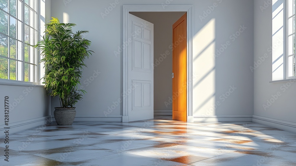 Poster sunlight streams through an open door, illuminating a spacious white room. a vibrant potted plant st