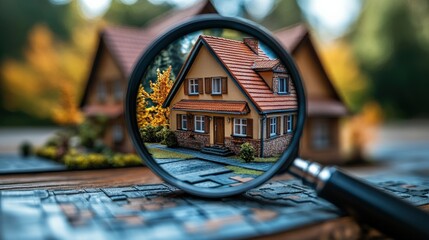 A close-up view of a magnifying glass focusing on a charming house surrounded by autumn foliage