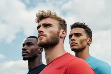 Fototapeta premium three professional athletes of varying ethnic backgrounds stand shoulder to shoulder in their team uniforms on soccer