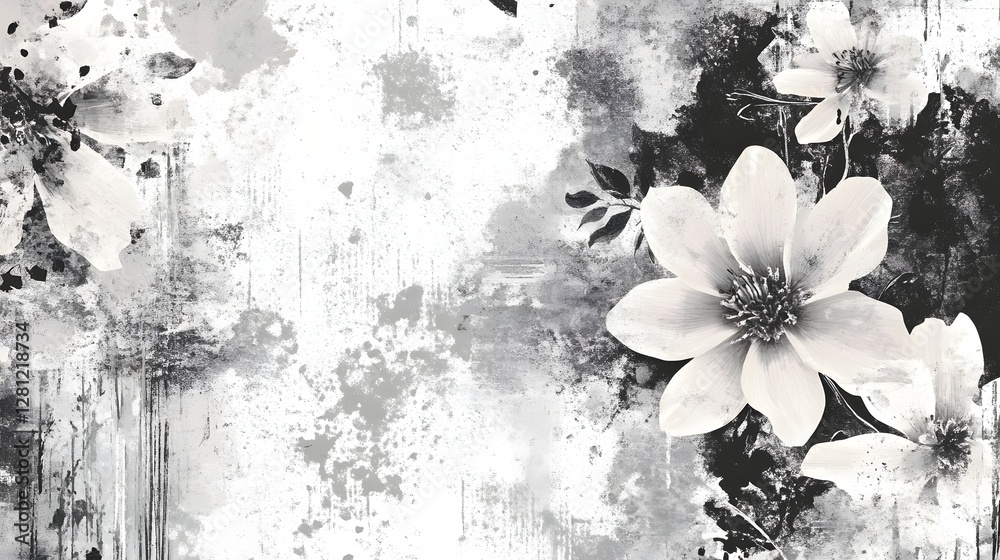 Poster captivating monochrome floral abstraction featuring delicate petals and blooms set against a backdro