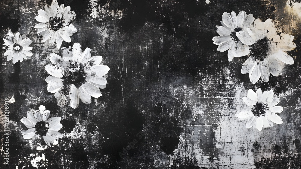 Poster captivating monochrome floral artwork mysterious and moody botanical photography with intricate text