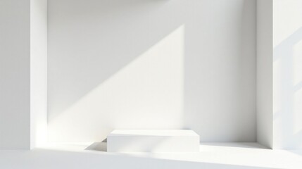 Fototapeta premium A pristine white room, bathed in sunlight, features a minimalist rectangular platform, ideal for showcasing products or designs.