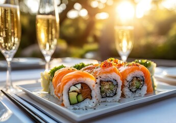 Fresh sushi platter with salmon, avocado, and cucumber served with champagne flutes during sunset in an outdoor setting for a festive dining experience
