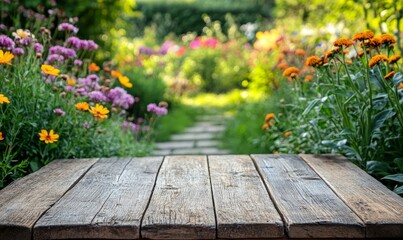 a beautiful garden with a wooden table. Flowers are in full bloom, creating a picturesque scene