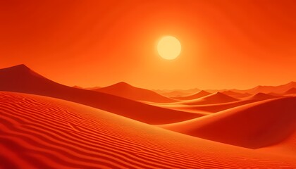 A desert landscape with red sand dunes under a bright sun, creating a hot, arid atmosphere with vast open space