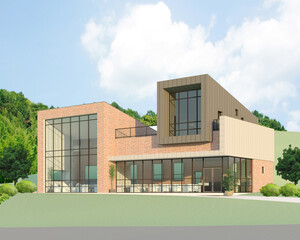 modern cafe building, 3d rendering of a Brick Modern Luxury Residence with Panoramic Glass Facade and Cantilevered Upper Level on a Scenic Slope