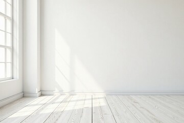 Obraz premium Sunlit Empty Room with White Walls and Light Wood Floor Ideal for Interior Design Presentations