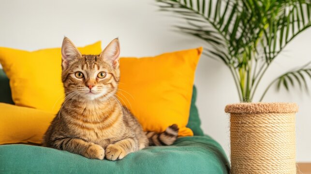 Playful tabby cat relaxing on colorful cushions in cozy living room indoor environment close-up view pet lifestyle concept - Powered by Adobe