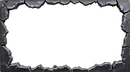 A damaged grunge frame with cracked texture and rough, uneven edges surrounds a transparent background.