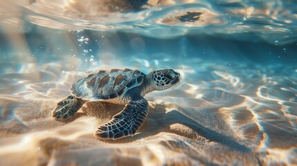 Obraz premium A baby sea turtle swimming in shallow clear ocean water near a sandy bottom