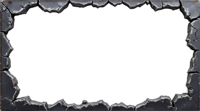 A damaged grunge frame with cracked texture and rough, uneven edges surrounds a transparent background.