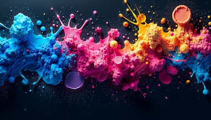 Colorful abstract splashes of paint in shades of blue, pink, and gold on a black background, creating a vibrant and artistic contrast