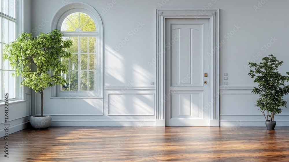 Poster warm sunlight streams through large windows, illuminating the simple elegance of a spacious room. an