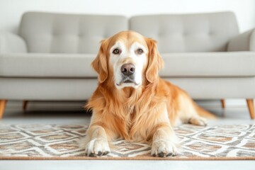 cozy living room with plush sofa and relaxed golden retriever lying on patterned rug in soft daylight ample copy space