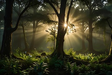 Behold, a wondrous and ethereal tableau unfolds before your very eyes - a mystical woodland, resplendent with resplendent hues, luminescent flora, and otherworldly beings, converging harmoniously
