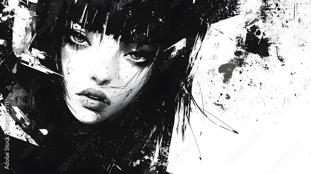Poster captivating monochrome portrait with ink splash effect moody and dramatic female face with textures 
