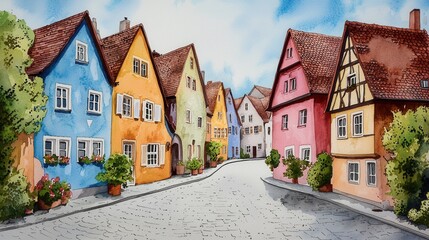 Obraz premium Charming Colorful Houses on Quaint European Cobblestone Street