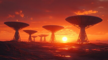 Sunset over a row of large radio telescopes on a barren landscape.