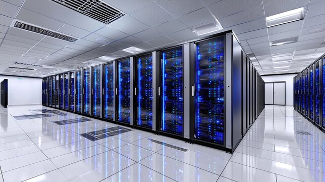 Modern server room with rows of sleek black racks illuminated by blue LED lights, reflecting on a clean white floor. Ideal for technology, cybersecurity, and data storage concepts