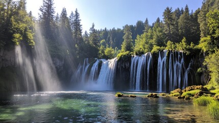 Fototapeta premium Sunlit Waterfall Cascading Through Lush Green Forest