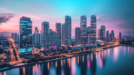 Naklejka premium Vibrant city skyline at sunset, reflecting in calm water.