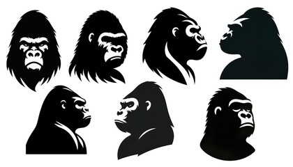 set of gorilla head silhouettes on white background