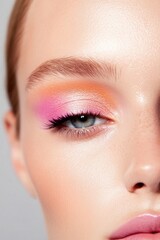 Naklejka premium professional makeup artist skillfully applies vibrant eyeshadow onto model eyelids in well-lit studio demonstrating