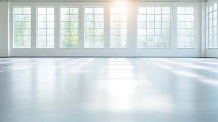 Fototapeta premium serene empty fitness studio filled with natural light showcasing minimalist exercise equipment and open floor space