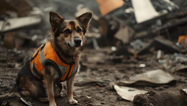 A brave rescue dog wearing a safety vest sits in a rugged, debris-filled environment, showcasing the strength and loyalty of canines in challenging situations