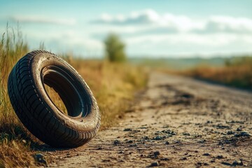 serene shot of countryside road with single tire left abandoned focus on its rugged texture with natural backdrop offering