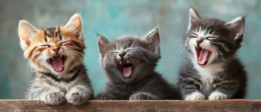 Three playful kittens yawning in soft light - Powered by Adobe
