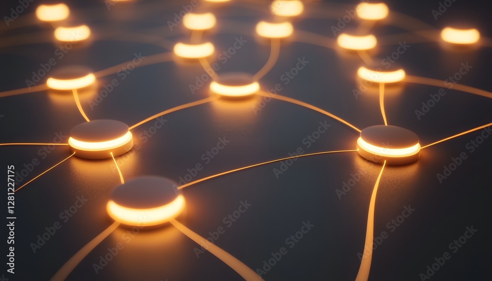 Poster a close-up view of interconnected glowing nodes, symbolizing advanced technology and data networks. 