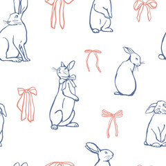 Minimalistic seamless pattern with rabbits and bows