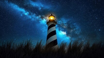 Illuminated Lighthouse Under a Starry Night Sky