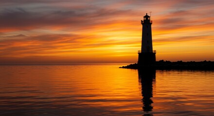 Serene lighthouse reflection shimmering under a sunset sky painting ocean