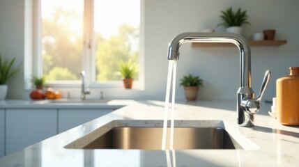 Modern kitchen design featuring a sleek chrome faucet with water flowing into a stainless steel sink, bathed in soft sunlight streaming through a nearby window.