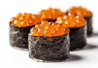 Fresh sushi rolls with vibrant orange fish roe on top, displayed elegantly against a clean white background, showcasing culinary art and gourmet flavors