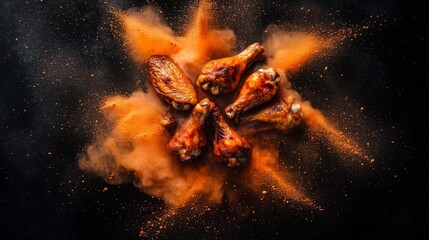 Spicy grilled chicken drumsticks on dark background with spice explosion