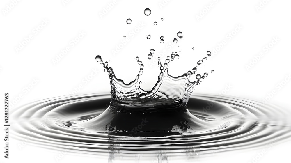 Poster Captivating Splash of Liquid Art in Monochrome Elegance   Abstract black and white image showcasing the dynamic motion and transparency of water droplets creating a visually striking and minimalist