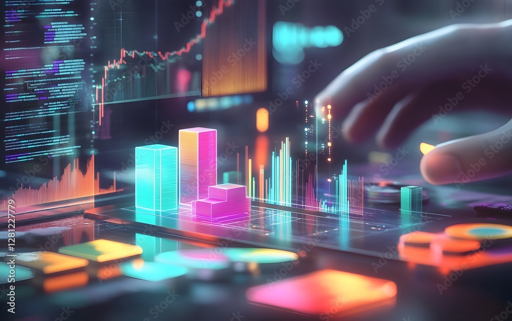 Poster a digital interface showcasing vibrant graphs and data visualizations. a hand interacts with vivid c