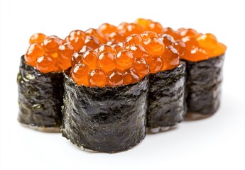 Fresh sushi rolls with vibrant orange salmon roe on a white background, showcasing intricate layers of flavors and textures for culinary photography