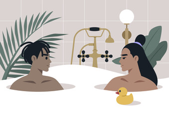 Obraz premium Two lovers sit in a warm, bubbly bathtub, gazing into each other's eyes, surrounded by tropical plants and a cheerful rubber duck, creating an atmosphere of intimacy and joy