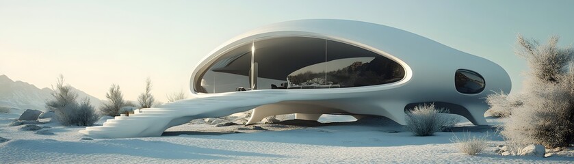 Obraz premium A futuristic architectural marvel nestled in a snowy landscape, showcasing sleek lines and organic shapes, embodying modern design in harmony with nature's beauty.