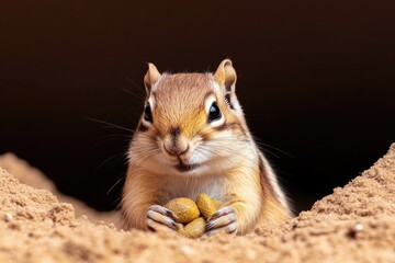 Obraz premium vibrant image of chipmunk storing food in its burrow scene full of natural textures and warm lighting with negative