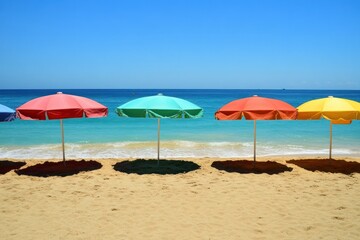 Colorful Beach Umbrellas on Sandy Shoreline with Clear Blue Water in the Background